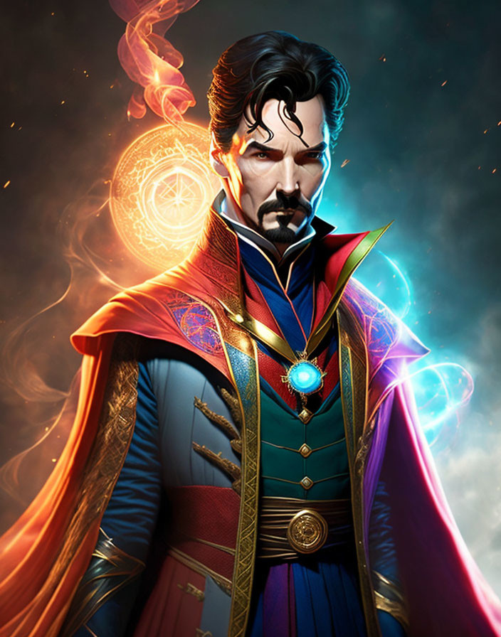 Mystical superhero with red cape, blue costume, and glowing amulet conjuring magical symbol.