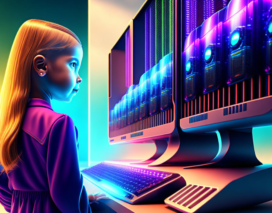 Blonde Girl Observing Colorful Computer Setup