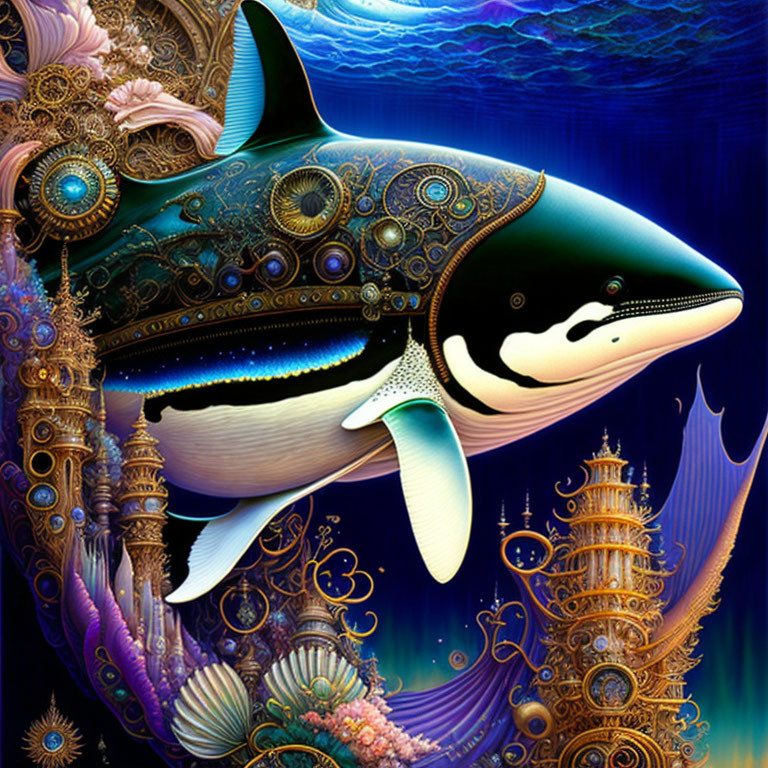 Fantasy-style illustration of a mechanized orca in underwater cityscape