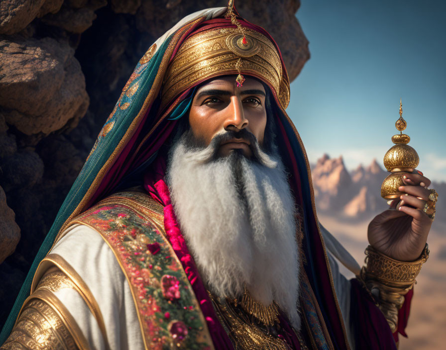 Regal man in Middle Eastern attire with scepter against mountain backdrop