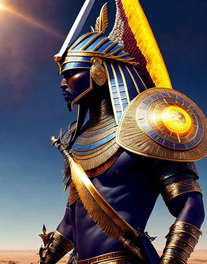 Ancient Egyptian-style warrior in armor with shield and spear against desert backdrop