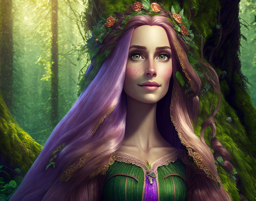 Digital illustration: Woman with purple hair in green medieval dress in enchanted forest