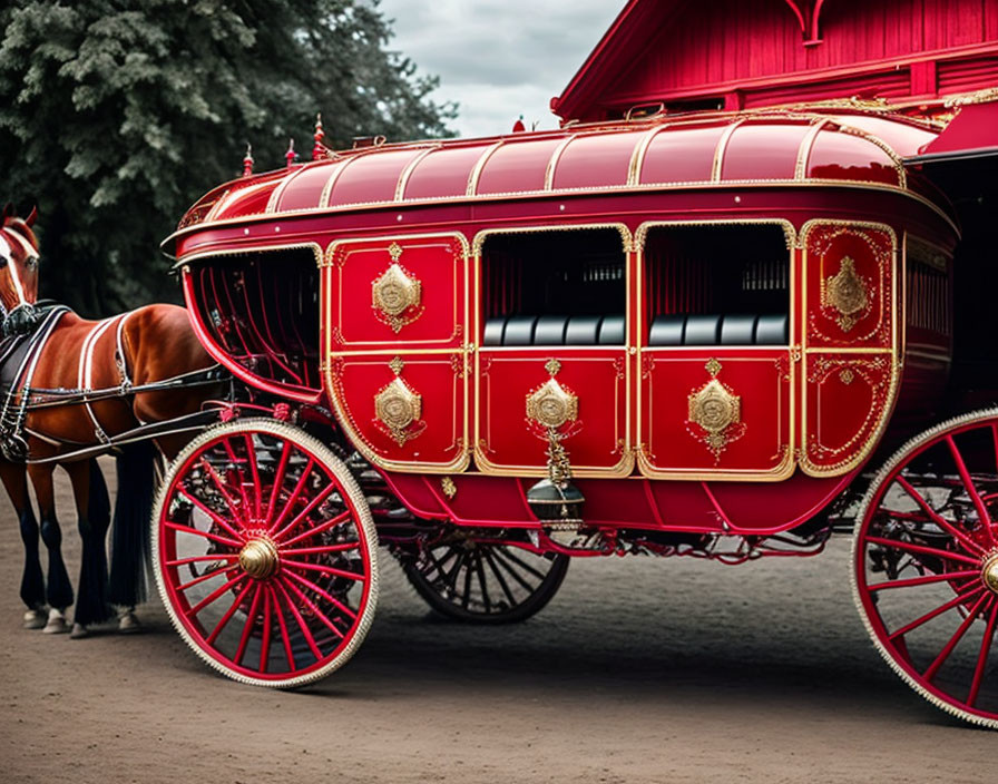 Traditional Red and Gold Carriage Drawn by Brown Horse on Cobblestone Path