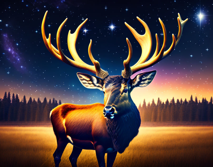 Majestic deer with oversized antlers in night field landscape