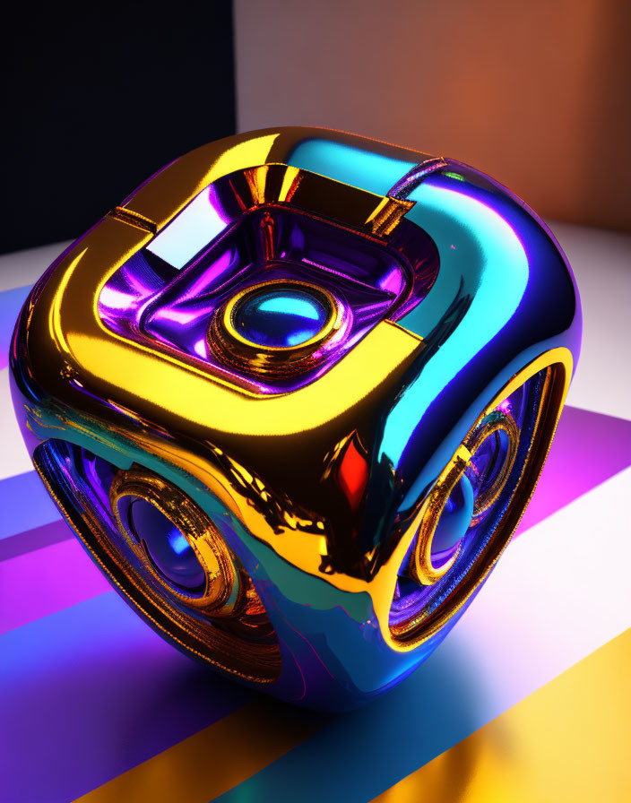 Multicolored Metallic Cube with Neon Lighting on Gradient Surface