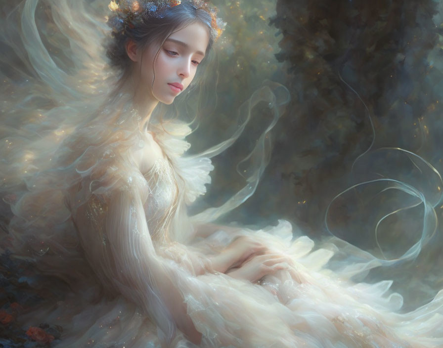 Ethereal woman with flower crown in flowing gown surrounded by soft light