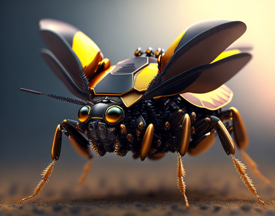 Intricate Black and Gold Mechanical Bee Hovering Above Blurred Ground