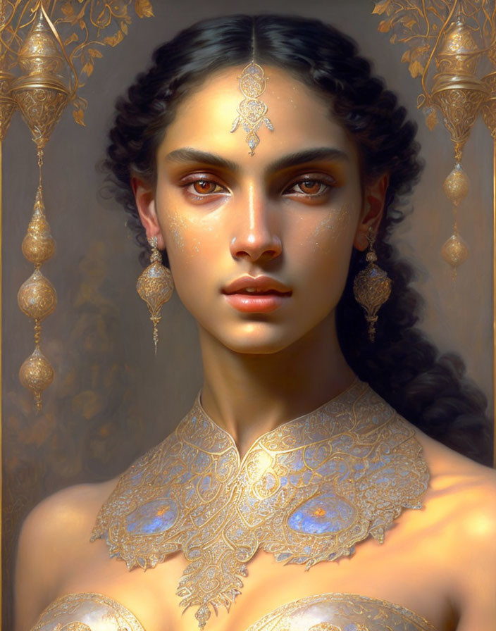 Portrait of Woman in Gold Jewelry with Blue Gemstones