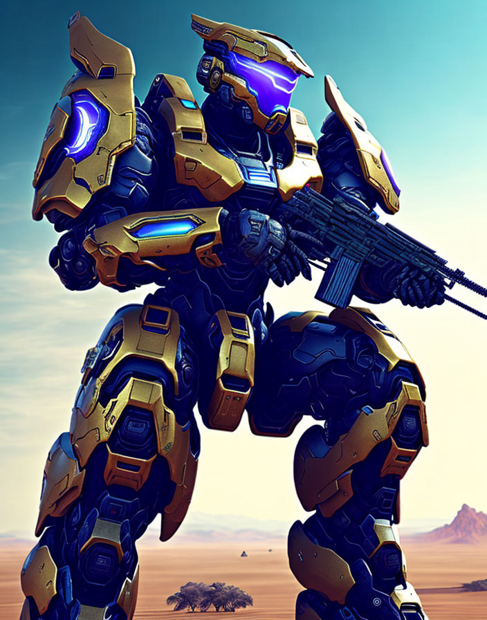 Futuristic armored character in blue and gold armor with large gun in desert landscape