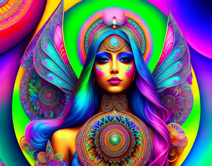 Colorful digital artwork: Blue-skinned female figure with wings and intricate headwear in mandala background