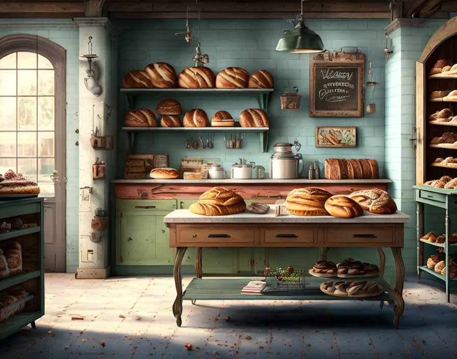 Vintage Bakery Interior with Fresh Bread and Warm Lighting