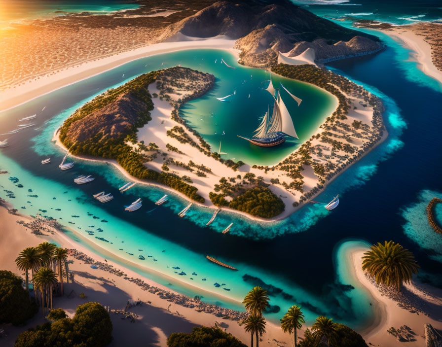 Heart-shaped tropical island with azure waters and sandy beaches at sunset