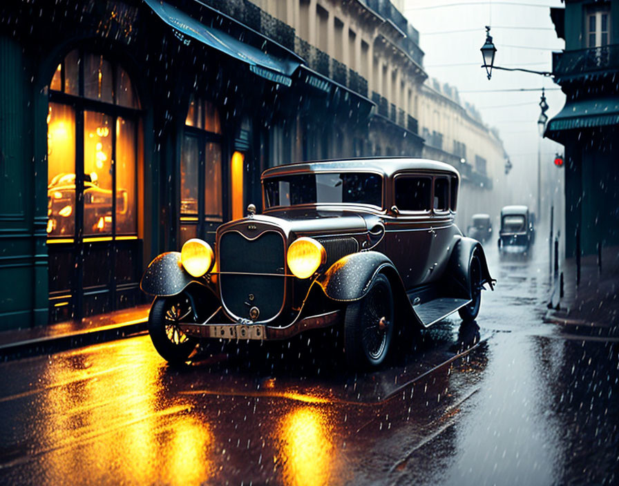 Vintage Car Parked on Wet Street in Rainy City Scene