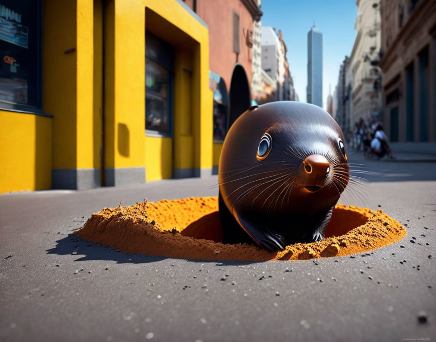 Digital Art: Oversized seal head in urban sidewalk setting