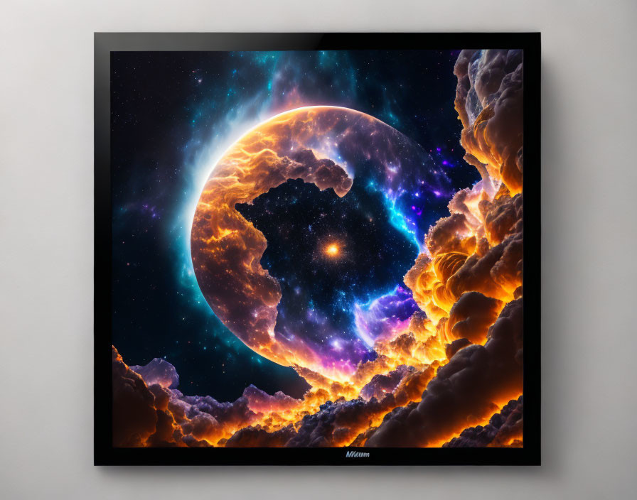 Surreal cosmic scene with vibrant crescent moon and fiery clouds