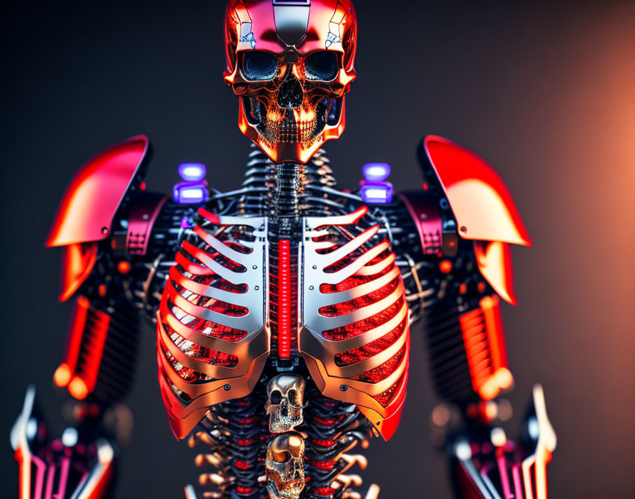 Futuristic red and silver robot with skull-like head in 3D art