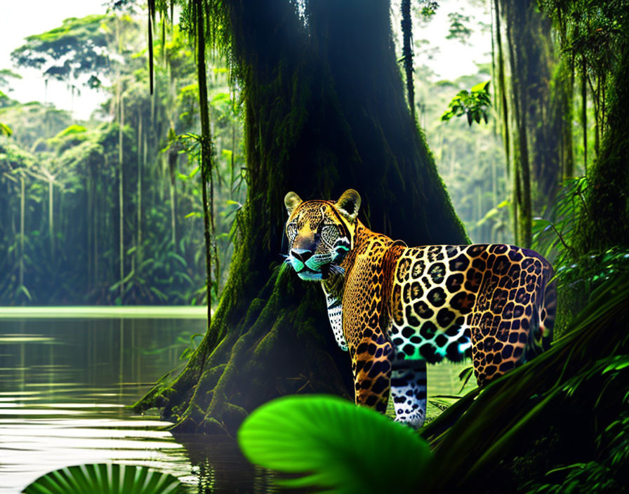 Jaguar in vibrant rainforest with tree and water body