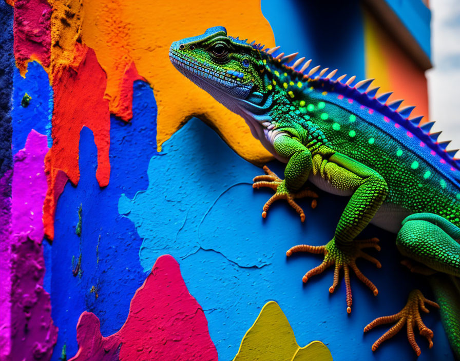 Colorful iguana on vibrant dripping paint wall