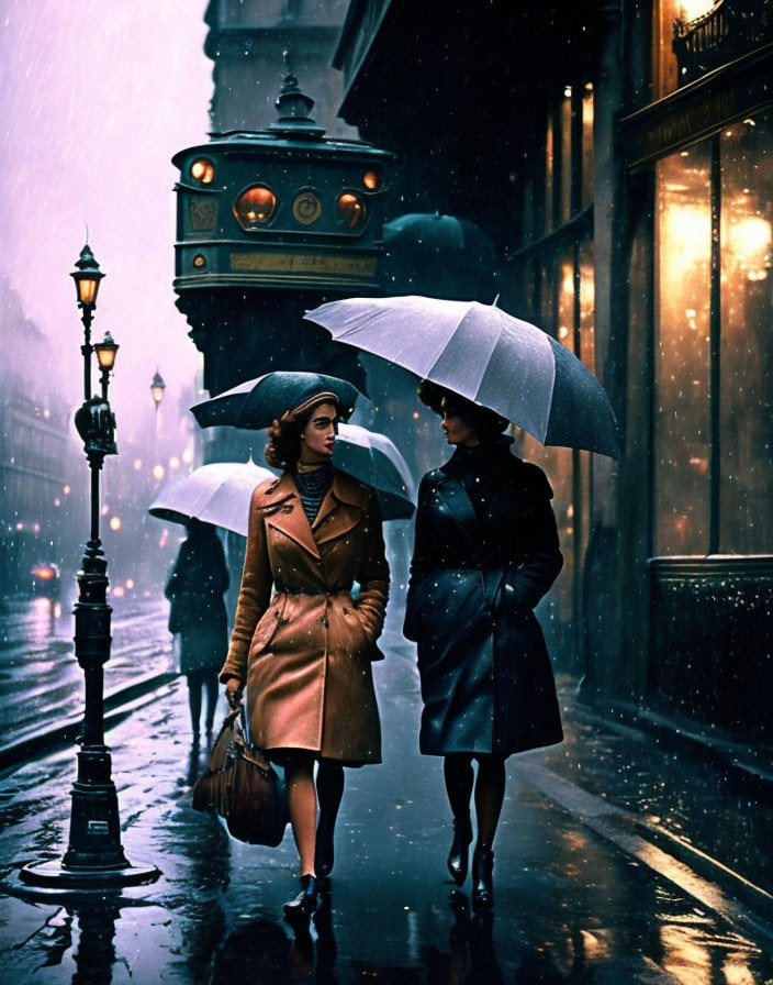 Two women with umbrellas walking on rainy city street at night.