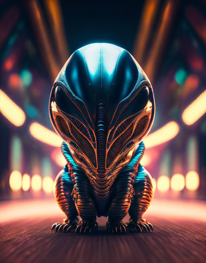 Metallic creature with intricate patterns on neon-lit platform