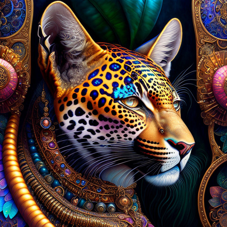 Colorful Leopard Head Artwork with Intricate Designs and Patterns