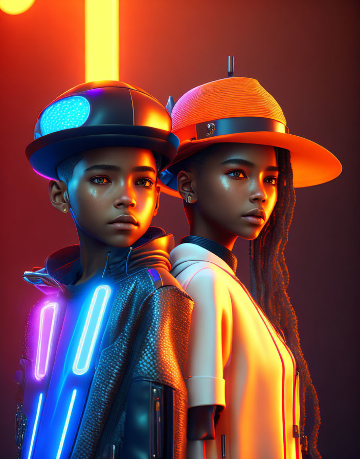 Futuristic individuals in illuminated clothing and high-tech hats on dark red backdrop