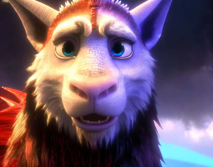 Detailed 3D animated creature with purple fur and expressive eyes