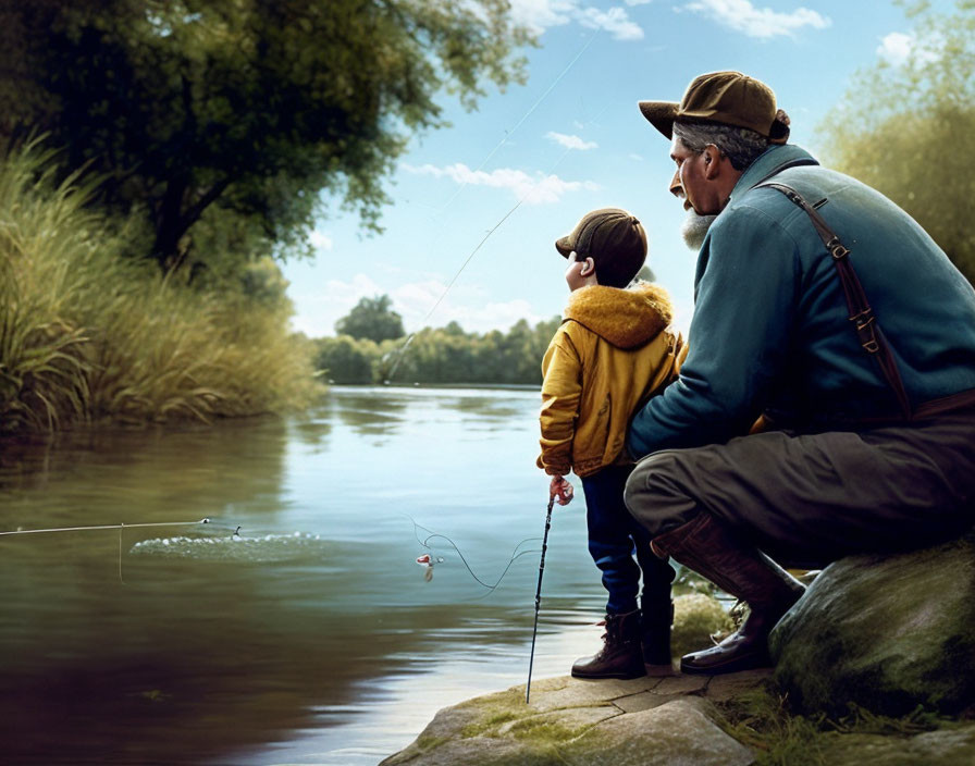 Elderly man and child fishing by serene river amid lush greenery