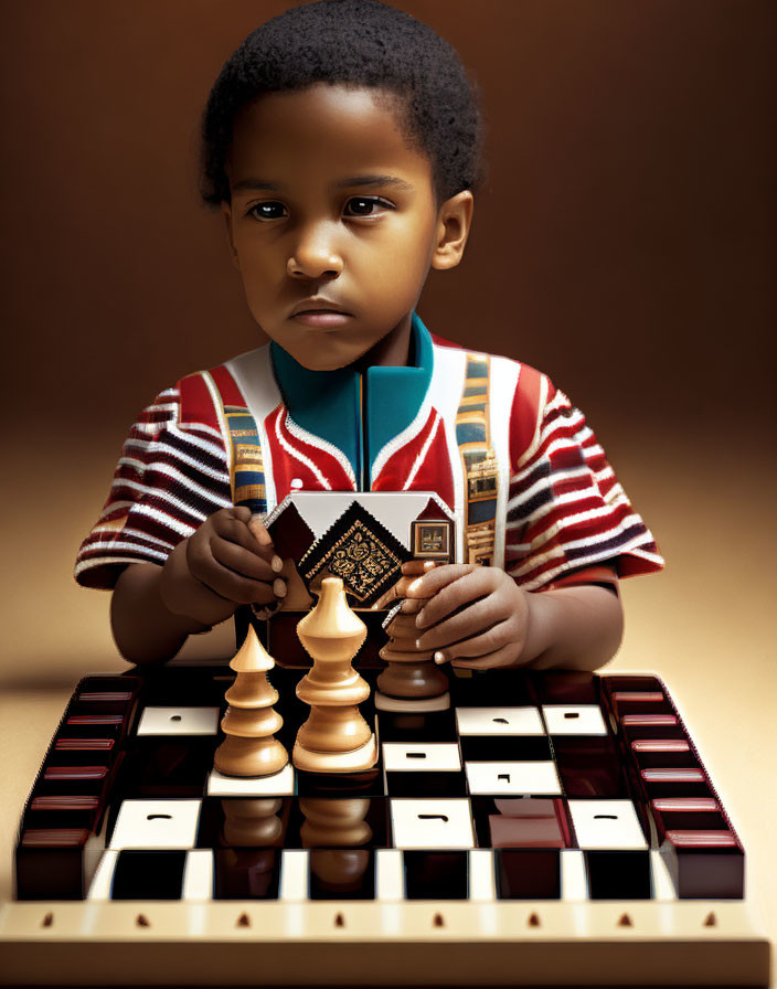 Young Child Playing Chess on Wooden Chessboard