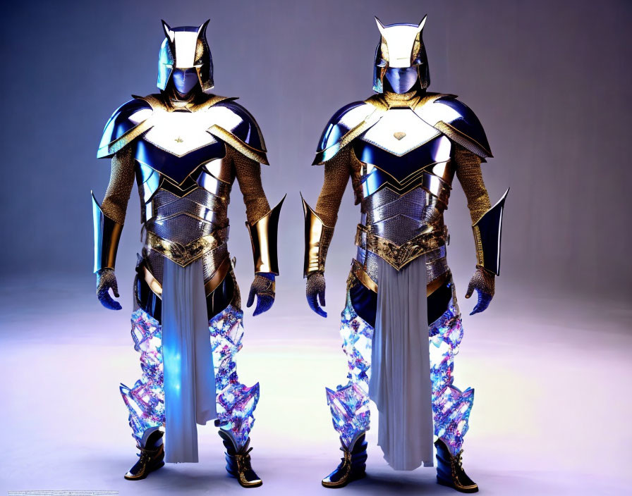 Futuristic knights in ornate armor with glowing blue energy.