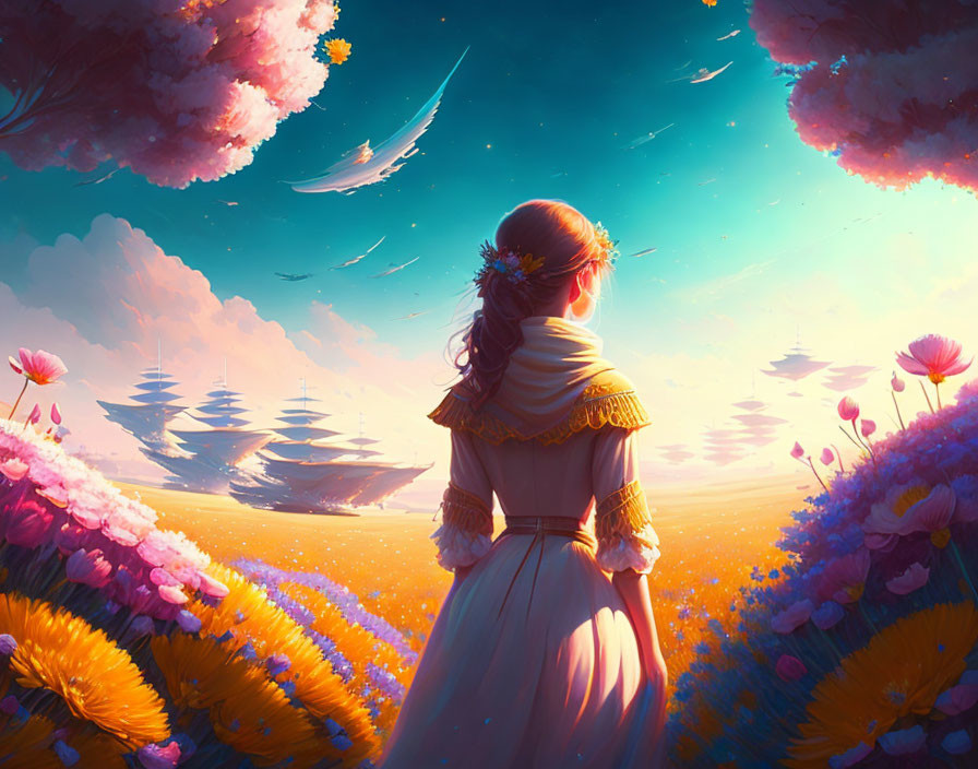 Woman in vintage dress surrounded by vibrant field of flowers and fantastical sky with floating islands and comet.