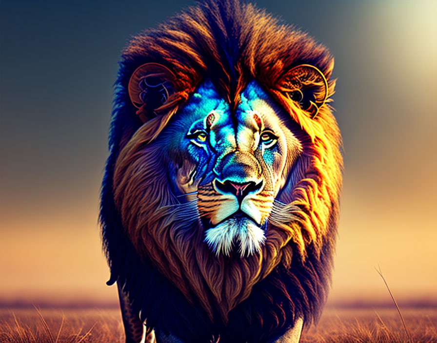 Colorful Lion with Blue and Orange Mane on Warm Background