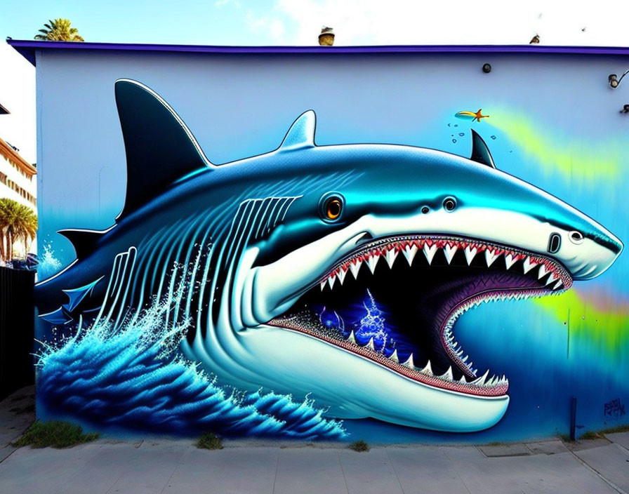 Colorful Cartoon-Style Shark Mural on Wall