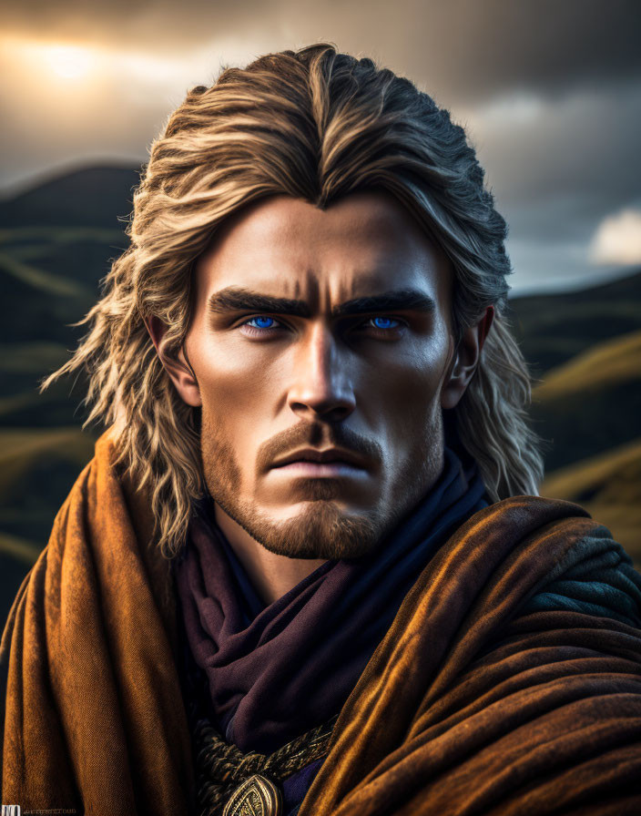 Male character with blue eyes and blond hair in brown and purple attire against hilly backdrop