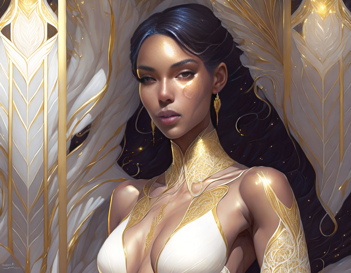 Illustrated portrait of a woman with golden tattoos and jewelry in ornate white and gold backdrop