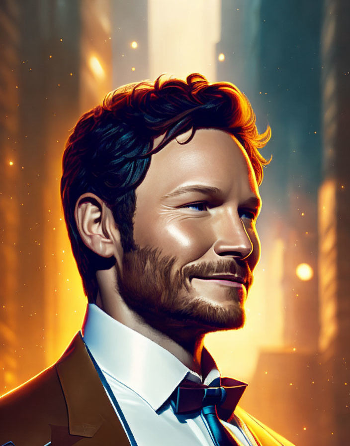 Smiling man in suit and bow tie against warm cityscape portrait