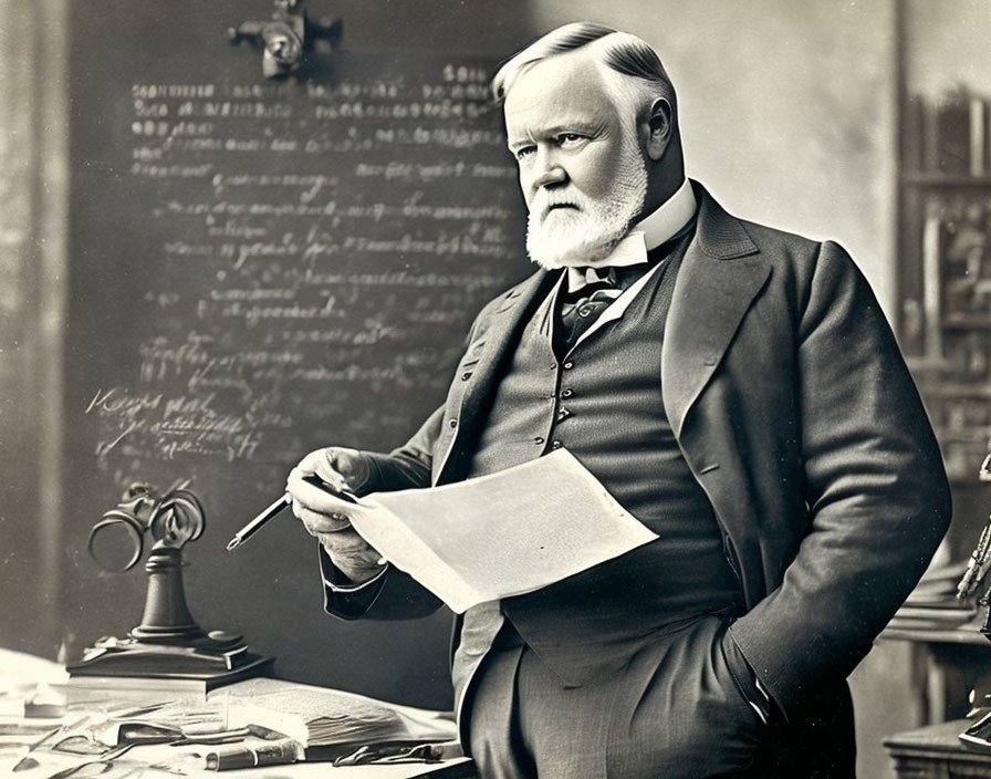 Bearded man in suit at desk with documents, pen, bell, and phone