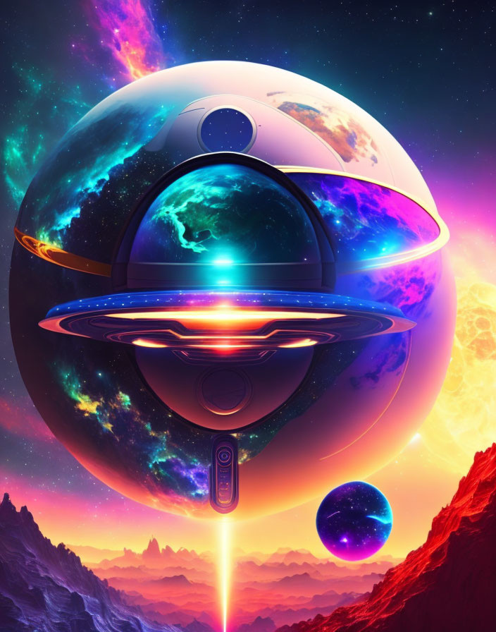 Colorful spherical spaceship with glowing rings in cosmic landscape.