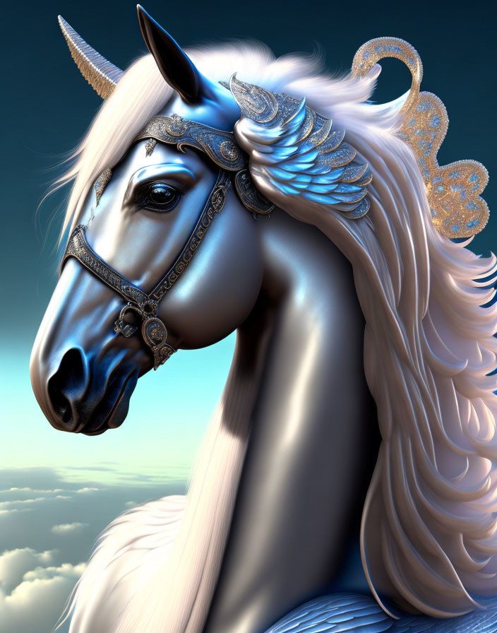 Majestic unicorn with metallic horn and winged headpiece in sky setting