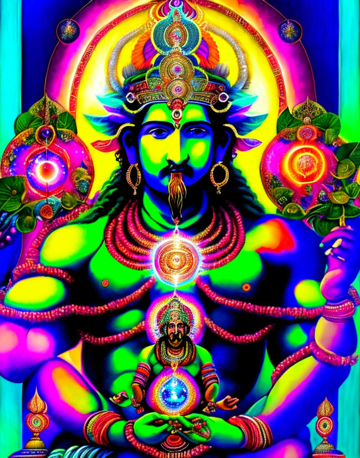 Colorful depiction of a four-armed deity with radiant energy, intricate headgear, and jewelry on