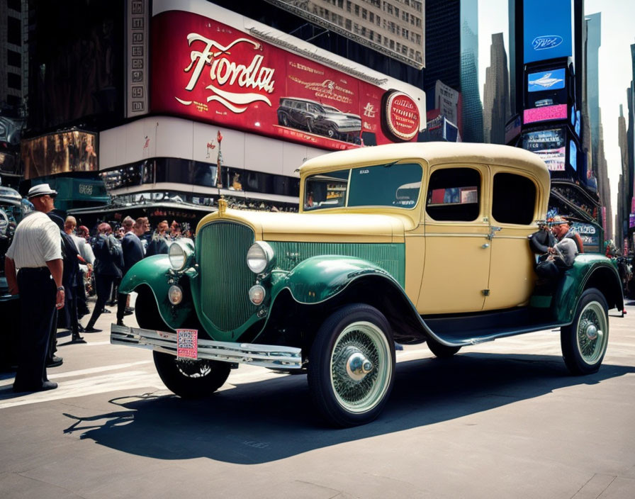 Classic Green and Yellow Car in Busy City Scene with Onlookers and Ads