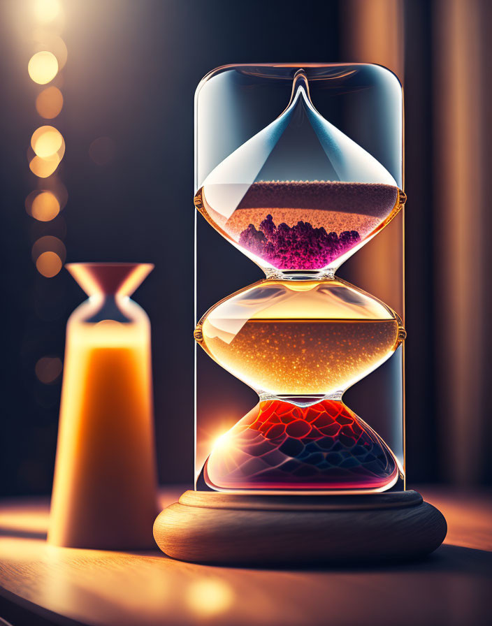 Colorful Digital Art: Hourglass with Flowing Sands on Warm Bokeh Background