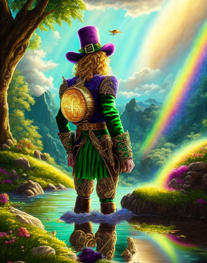 Person in Medieval Fantasy Attire by Pond with Rainbow and Bird