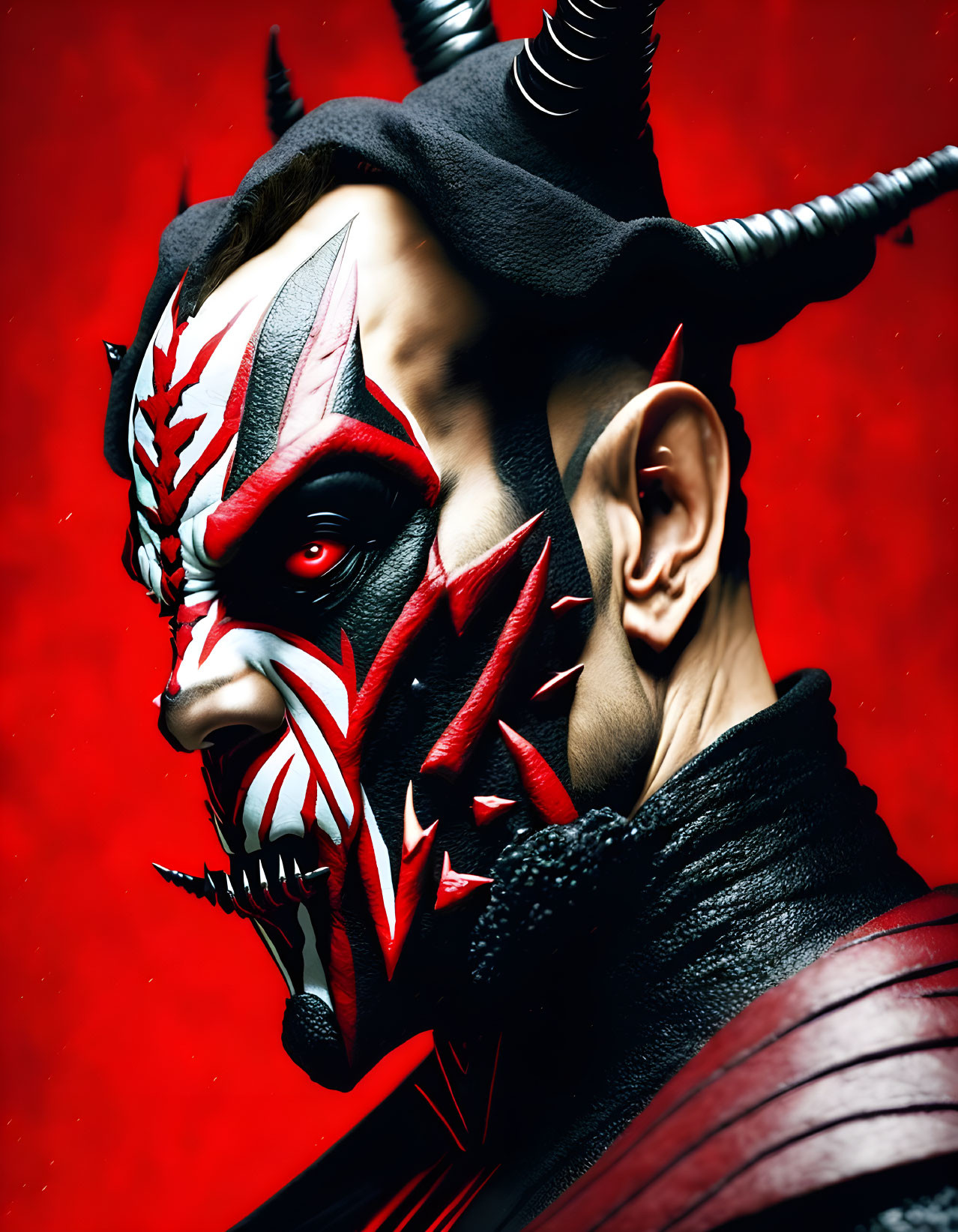 Demonic costume with horns, red eyes, and tribal patterns on red background