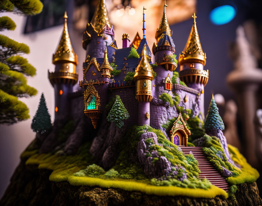 Miniature fairy-tale castle with warm lights in mossy pine tree setting