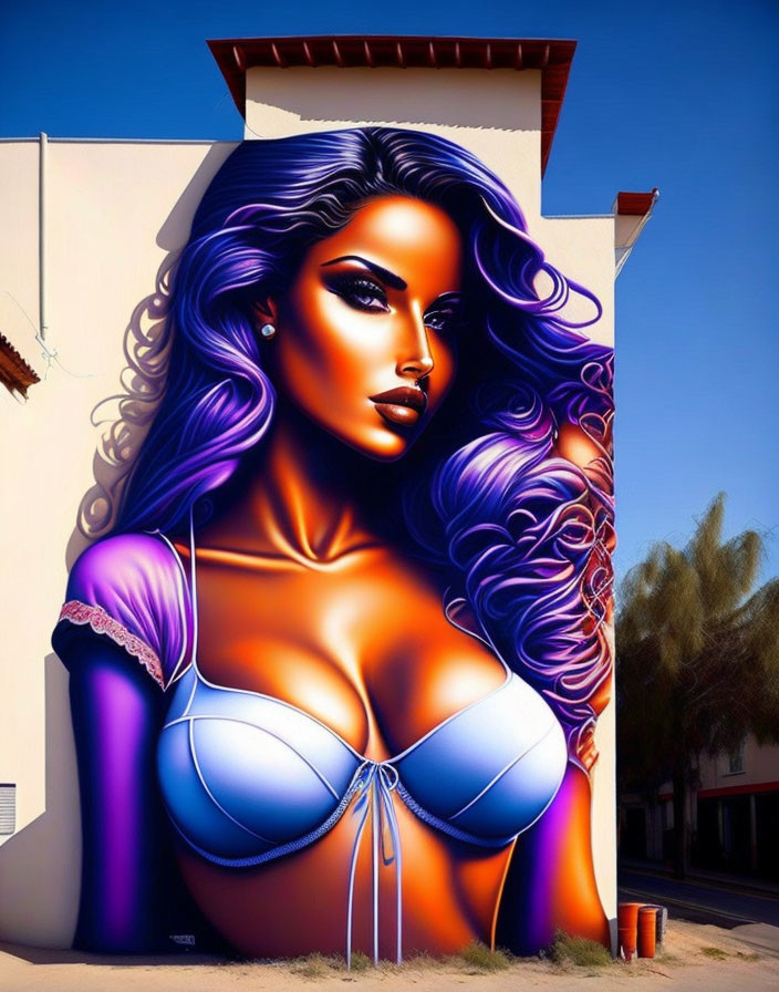 Colorful mural featuring woman with purple hair and blue attire