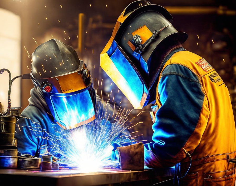 Welders in Protective Gear Working with Bright Sparks