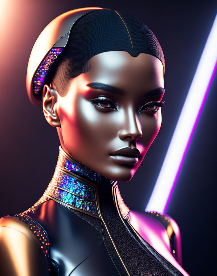 Futuristic female figure with sleek hair and metallic skin in vibrant neon lights