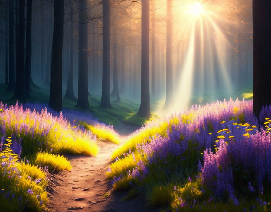 Tranquil forest pathway with purple and yellow wildflowers