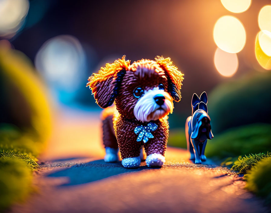 Plush Toy Dog and Figurine on Path with Soft Focus Lights